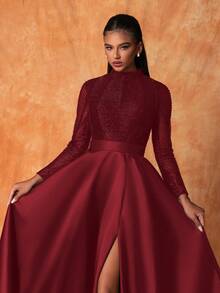 Smilprince Elegant Burgundy Stand Collar Gown With Beaded Bodice And High Slit, Long Sleeve Satin Formal Evening Dress Women Party Dress Wedding Guest Dress
