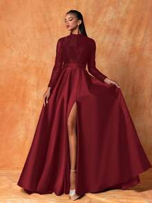 Smilprince Elegant Burgundy Stand Collar Gown With Beaded Bodice And High Slit, Long Sleeve Satin Formal Evening Dress Women Party Dress Wedding Guest Dress