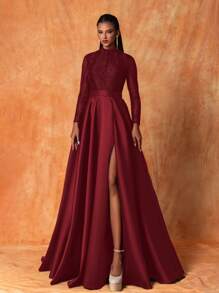 Smilprince Elegant Burgundy Stand Collar Gown With Beaded Bodice And High Slit, Long Sleeve Satin Formal Evening Dress Women Party Dress Wedding Guest Dress