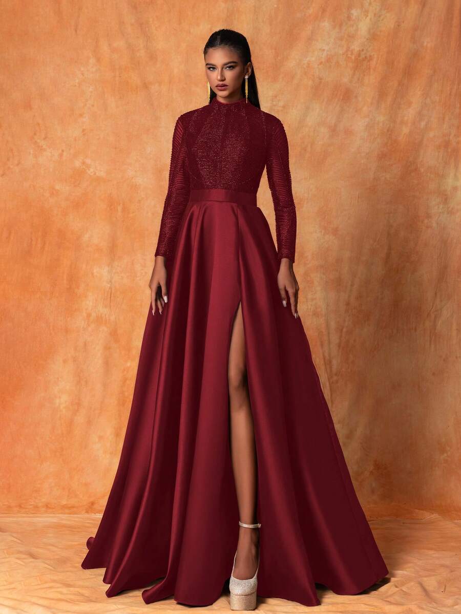 Smilprince Elegant Burgundy Stand Collar Gown With Beaded Bodice And High Slit, Long Sleeve Satin Formal Evening Dress Women Party Dress Wedding Guest Dress