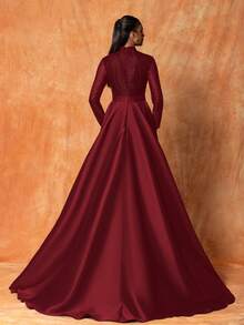 Smilprince Elegant Burgundy Stand Collar Gown With Beaded Bodice And High Slit, Long Sleeve Satin Formal Evening Dress Women Party Dress Wedding Guest Dress