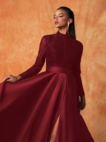 Smilprince Elegant Burgundy Stand Collar Gown With Beaded Bodice And High Slit, Long Sleeve Satin Formal Evening Dress Women Party Dress Wedding Guest Dress
