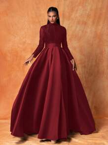 Smilprince Elegant Burgundy Stand Collar Gown With Beaded Bodice And High Slit, Long Sleeve Satin Formal Evening Dress Women Party Dress Wedding Guest Dress