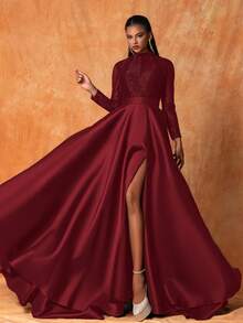 Smilprince Elegant Burgundy Stand Collar Gown With Beaded Bodice And High Slit, Long Sleeve Satin Formal Evening Dress Women Party Dress Wedding Guest Dress