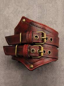 1 件男士朋克摇滚摩托车手链，不对称骑行针双扣宽皮革腕带，哥特式复古皮革手链，男士礼物 - 皮革 - 查看 12