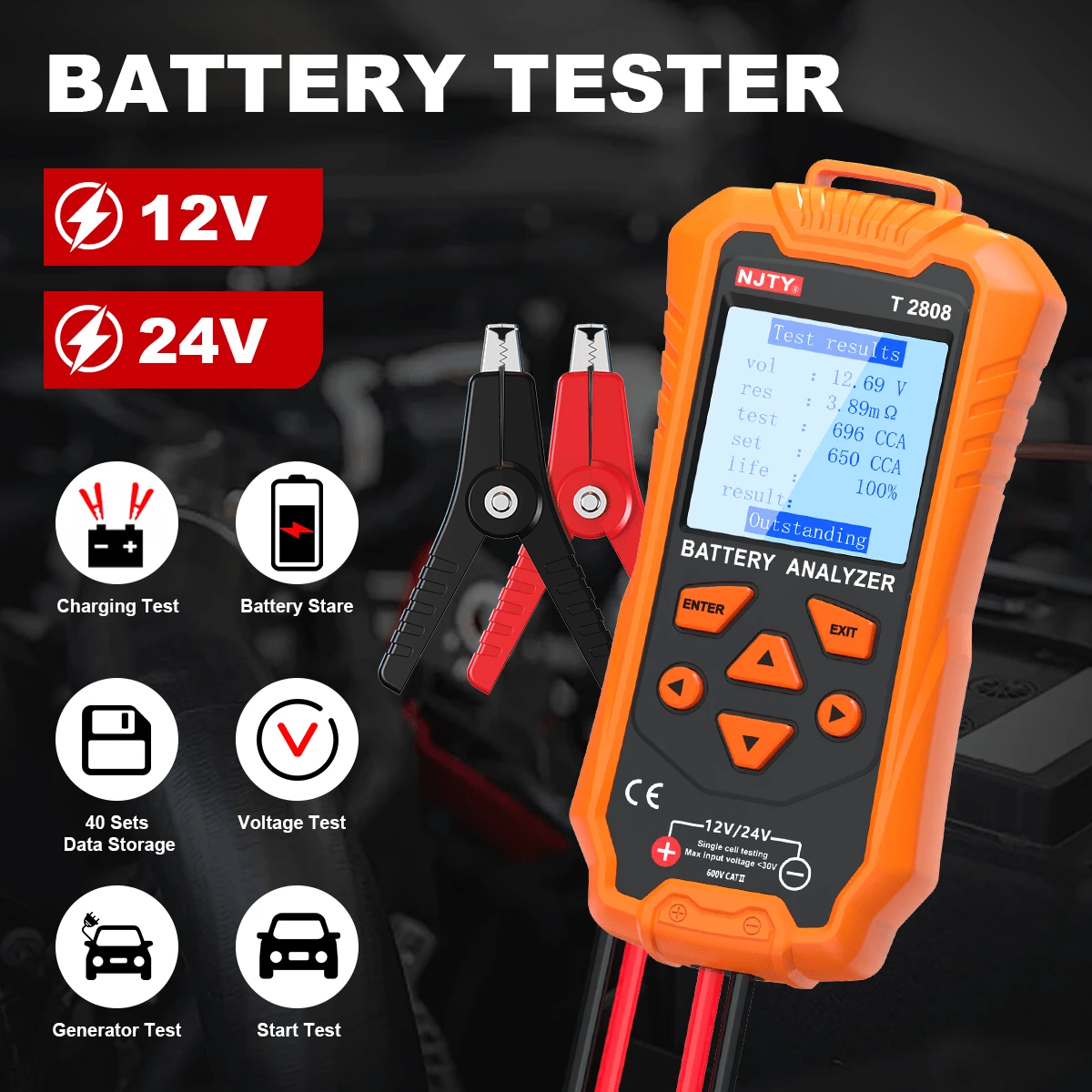 1 件 NJTY 汽车电池测试仪，12V/24V 电池分析仪，100-1700CCA，100-1700 EN、IEC、DIN 电池标准，40 组数据存储，启动/发电机电压测试