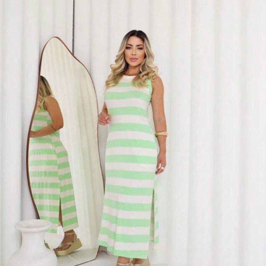 Women's Long Dress With Side Opening And Elegant Pocket - màu xanh lá - Xem 1