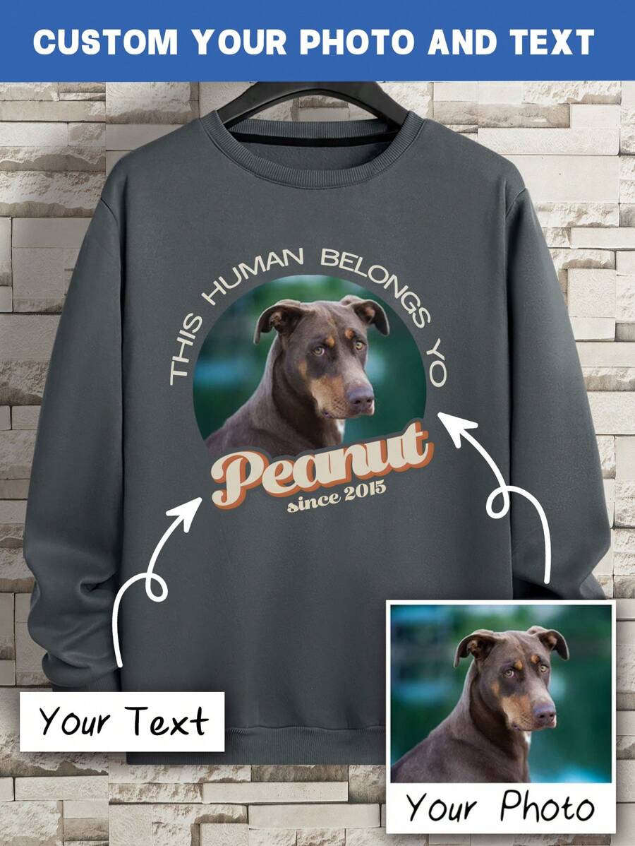 Sudadera personalizada para hombres, sudadera de otoño, impresión de foto de mascota, regalo para el mejor amigo, sudadera vintage personalizada - Agrega tu propio texto e imágenes (foto familiar/selfie/foto de mascota/foto de amigo) para diseñar tu impresión personalizada, top de manga larga - Gris Oscuro - Ver 1