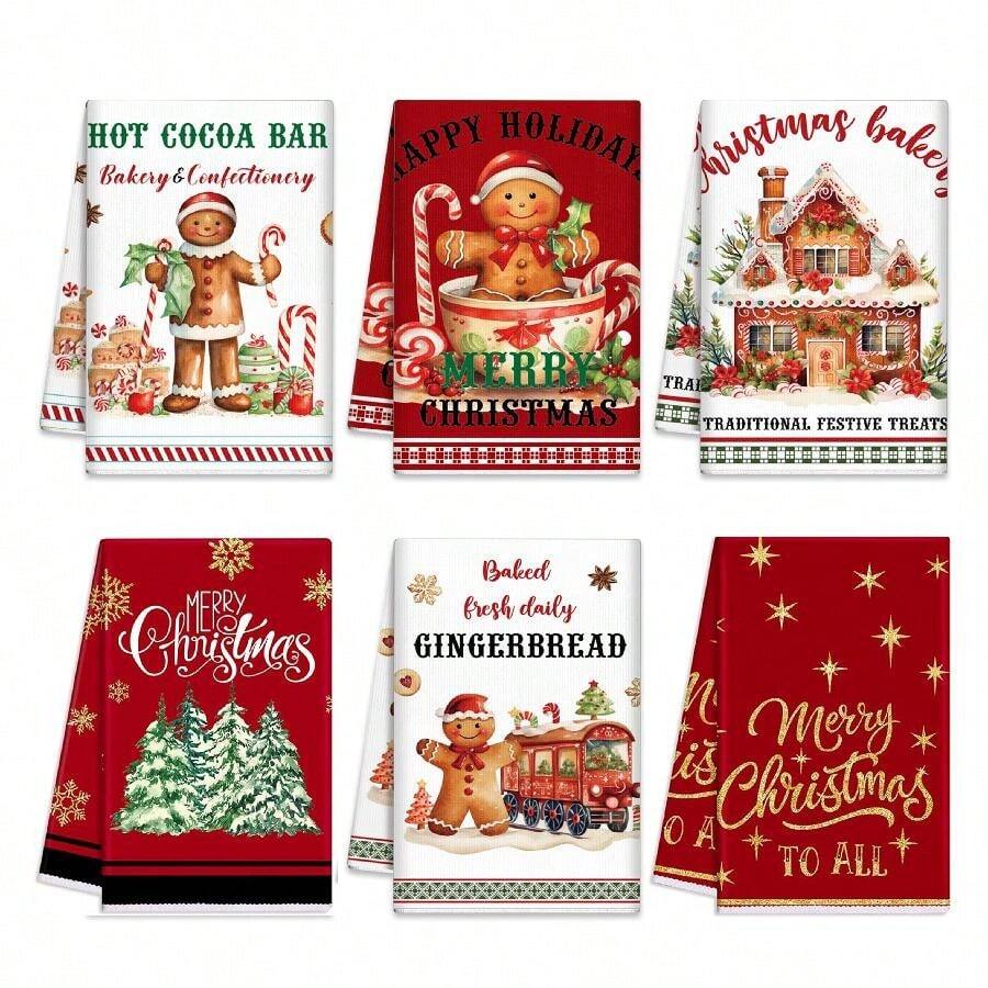 2/6PCS Christmas Gingerbread Pattern Kitchen Towels & Dishcloths - Super Soft Polyester, Tableware Home Party Decoration, Suitable For Holiday Party, Wedding And Outdoor Picnic - Multicolor - View 1