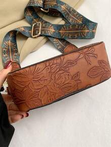 迷你高端压花方形单肩包，时尚有型，可单肩斜挎，可放相机，宽肩带 - 棕色 - 查看 5