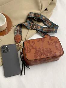 迷你高端压花方形单肩包，时尚有型，可单肩斜挎，可放相机，宽肩带 - 棕色 - 查看 6