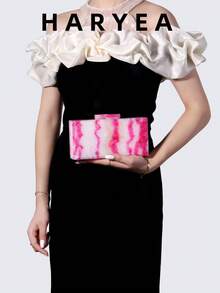 Túi vuông nhỏ bằng Acrylic hộp cứng phong cách Châu Âu và Mỹ, Túi đeo vai/đeo chéo bằng kim loại, Túi cầm tay thời trang, Túi đựng đồ trang điểm cô dâu & phù dâu thanh lịch, Túi đựng đồ dạ hội, Túi xách cho chuyến đi xuyên biên giới - Hồng - Xem 1