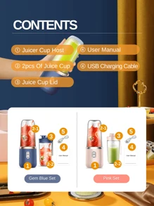 1pc 400ml Wireless Portable Electric Juicer Blender, USB Rechargeable Mini Fruit Juice Mixer With 6 Blades And Dual Cups, Multi-Function Juicing Cup Blender, Suitable For Home Or Outdoor Kitchen Food Processing, Great For Extracting Vegetables, Fruits And Making Milkshakes. - Double Cup With Lid - View 4