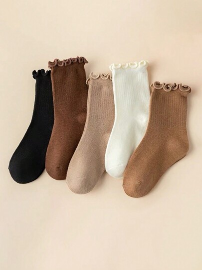 5/10 Pairs Of Children's Socks, Solid Color Lace Shape Princess Socks, Can Be Matched All Year Round, Simple And Comfortable, Daily Travel Sports Can Be Worn.