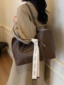 蝴蝶结装饰防水、轻便、商务休闲、大容量细围巾装饰单肩手提包，适合少女、女大学生、新秀和白领人士，非常适合办公室、大学、工作、商务、通勤、户外、旅行、郊游书包、返校、大容量、行李带设计、便携、轻便、商务休闲，适合少女、女大学生、白领人士、新秀和白领人士，非常适合返校、大学、工作、商务、通勤 - 棕色 - 查看 5