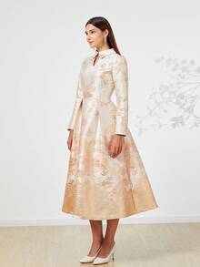 重磅提花奢华女士长款礼服、优雅晚礼服、长袖鸡尾酒半正式舞会礼服，适合生日、婚礼嘉宾、毕业典礼、晚宴、返校节