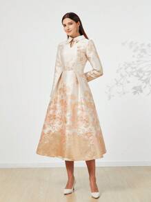 重磅提花奢华女士长款礼服、优雅晚礼服、长袖鸡尾酒半正式舞会礼服，适合生日、婚礼嘉宾、毕业典礼、晚宴、返校节