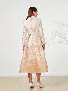 重磅提花奢华女士长款礼服、优雅晚礼服、长袖鸡尾酒半正式舞会礼服，适合生日、婚礼嘉宾、毕业典礼、晚宴、返校节