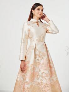 重磅提花奢华女士长款礼服、优雅晚礼服、长袖鸡尾酒半正式舞会礼服，适合生日、婚礼嘉宾、毕业典礼、晚宴、返校节