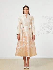 重磅提花奢华女士长款礼服、优雅晚礼服、长袖鸡尾酒半正式舞会礼服，适合生日、婚礼嘉宾、毕业典礼、晚宴、返校节