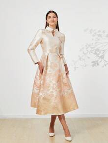 重磅提花奢华女士长款礼服、优雅晚礼服、长袖鸡尾酒半正式舞会礼服，适合生日、婚礼嘉宾、毕业典礼、晚宴、返校节