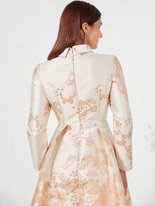 重磅提花奢华女士长款礼服、优雅晚礼服、长袖鸡尾酒半正式舞会礼服，适合生日、婚礼嘉宾、毕业典礼、晚宴、返校节