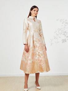 重磅提花奢华女士长款礼服、优雅晚礼服、长袖鸡尾酒半正式舞会礼服，适合生日、婚礼嘉宾、毕业典礼、晚宴、返校节