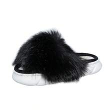 女士黑色毛绒圆头一脚蹬毛绒拖鞋，休闲家居拖鞋 - 黑色 - 查看 2