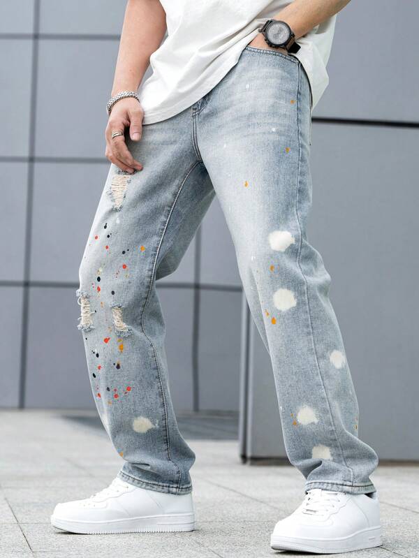 1 pieza Pantalones vaqueros rectos con lavado desteñido de hombre de moda streetwear