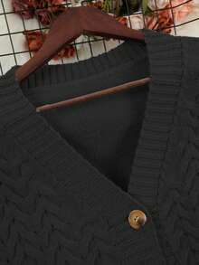 Plus Size Women's Solid Color Front Button Long Sleeve Casual Long Cardigan, Winter - Black - View 8