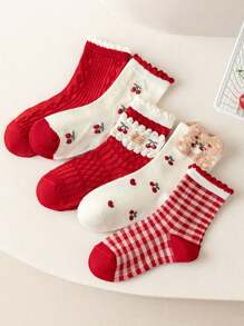 5 Pairs Of Children's Socks Autumn/Winter Red Mid-Tube Socks Winter Baby New Year Socks Cute Bear Sweet Lace Socks Fashion Cherry Pattern Design Suitable For Daily Or Festive Wear