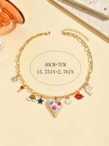 1 件时尚时髦的金属珠宝项链，夸张的彩色彩绘心形、嘴唇、贝壳、海豚、彩虹、云朵吊坠装饰，可调节长度的项链适合日常佩戴，是母亲节的精致礼物 - 彩繪愛心 - 查看 4