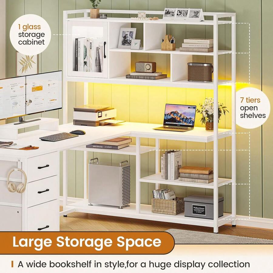 L Shaped Computer Desk With 3 Drawers And Bookshelf, Home Office Desk