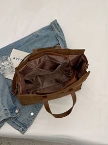 棕色秋冬时尚灯芯绒简约百搭手提包，2024新款大容量罗纹布手提包，韩版休闲通勤办公笔记本电脑包，学生学校单肩包，日常旅行斜挎包