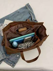 棕色秋冬时尚灯芯绒简约百搭手提包，2024新款大容量罗纹布手提包，韩版休闲通勤办公笔记本电脑包，学生学校单肩包，日常旅行斜挎包