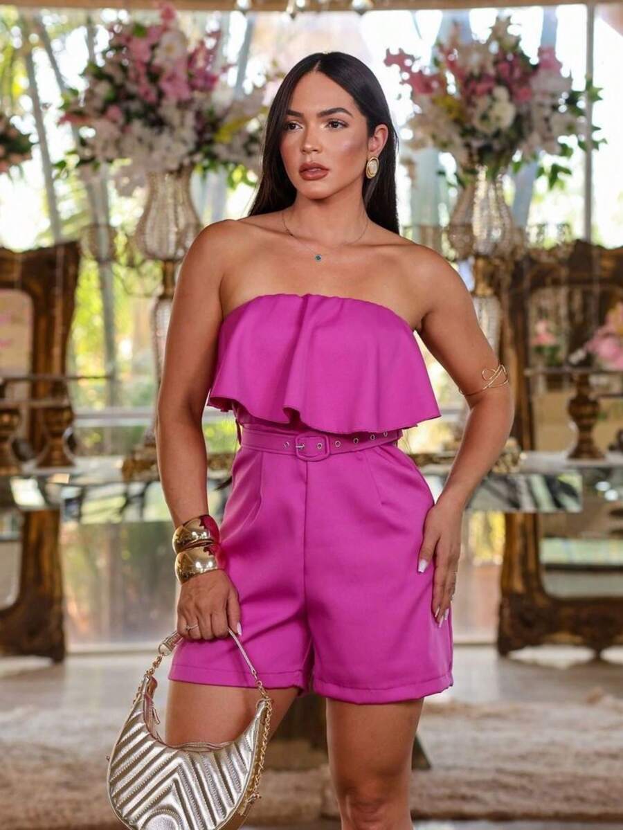 Premium Tailored Jumpsuit With Fringe And Elegant Belt Spring/Summer Fashion - Rose Red - View 1