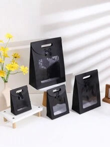 5 件透明自立翻盖礼品袋，新纯色粉色、白色、黑色、蓝色、棕色，蝴蝶结手柄糖果袋，派对礼品袋，生日礼品袋，节日礼品袋情人节 - 黑色 - 查看 13