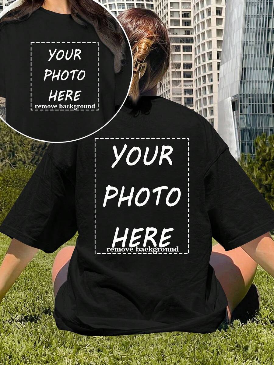 تي شيرت نسائي قابل للتخصيص، أضف نصك وصورك الخاصة لملابس كاجوال شخصية سوداء صيفية - الأسود - مشاهدة 1