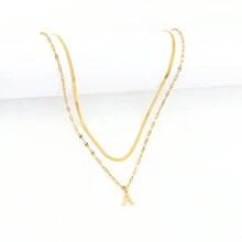2Pcs/Set Simple Stainless Steel Initial Necklace Herringbone Choker Lip Chain Layered Chain Necklaces For Women - Yellow Gold - View 3