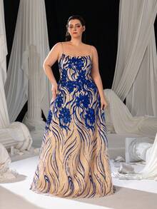 Faeriesty 加大花朵亮片系带后背吊带礼服，优雅舞会晚礼服，适合婚礼嘉宾、毕业典礼、晚宴 - 寶藍色 - 查看 6
