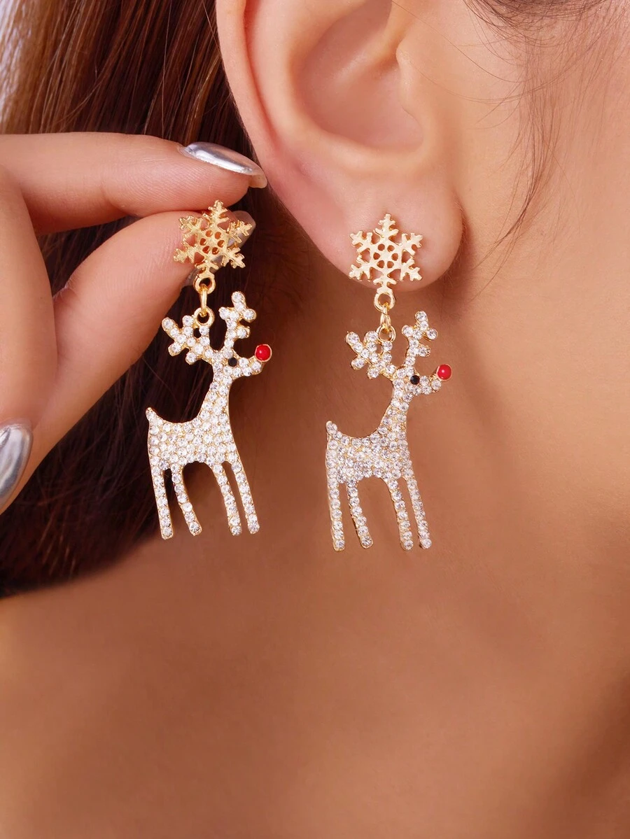1 对个性化镶有水钻的圣诞鹿和雪花吊坠耳环 - 彩色 - 查看 1