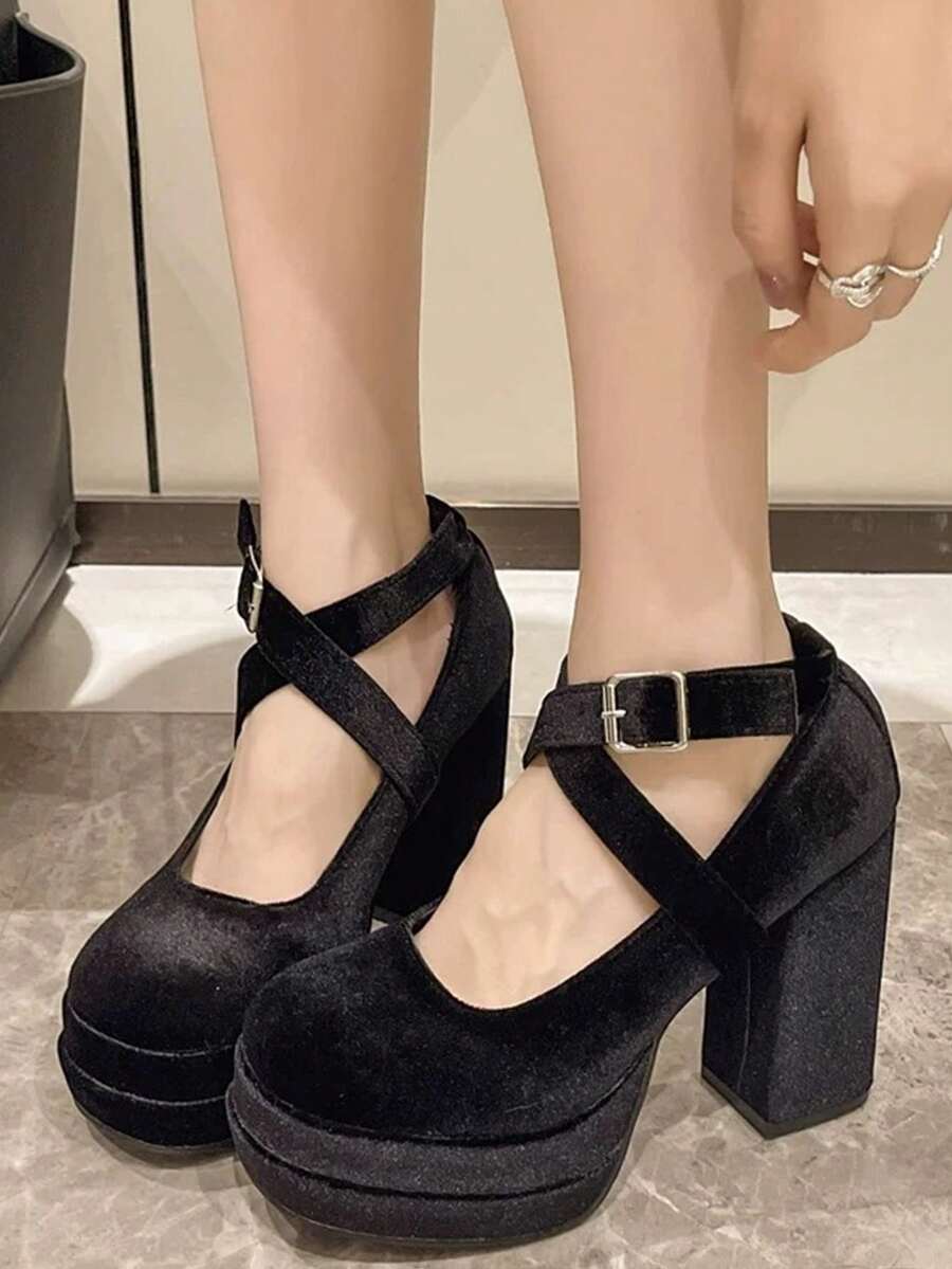 French Style Thick Sole Platform Velvet Bow Retro Round Toe Mary Jane