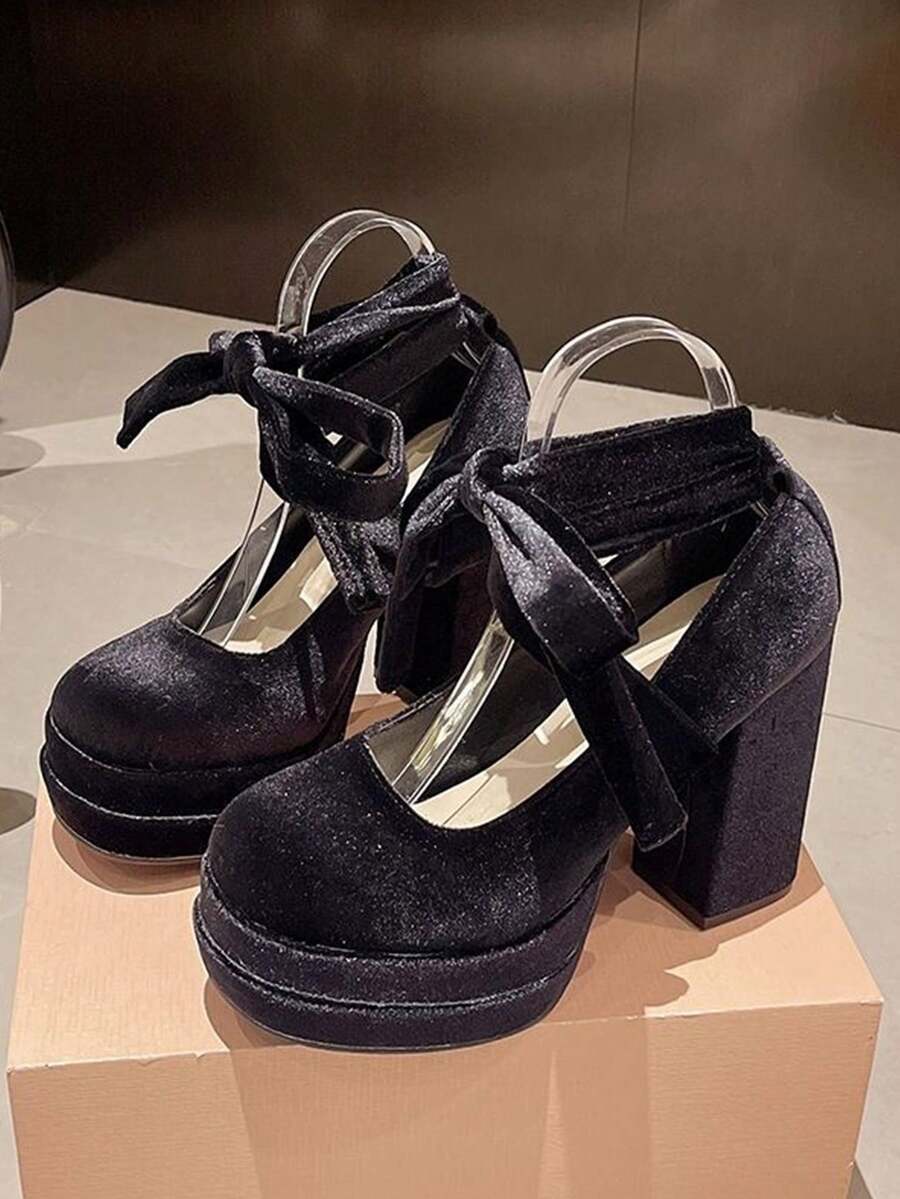 French Style Thick Sole Platform Velvet Bow Retro Round Toe Mary Jane