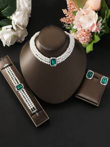 4pcs Gorgeous & Fashionable Diamond Inlaid Multi-Layer Faux Pearl Beaded Necklace Set With Faux Pearl Bracelet & Gemstone Earrings, Ladies' Elegant & Charming Wedding Jewelry Suite, Holiday Gift