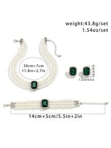 4pcs Gorgeous & Fashionable Diamond Inlaid Multi-Layer Faux Pearl Beaded Necklace Set With Faux Pearl Bracelet & Gemstone Earrings, Ladies' Elegant & Charming Wedding Jewelry Suite, Holiday Gift