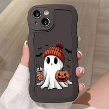 可爱活泼的连帽白色幽灵设计，捕捉万圣节精神，适合古怪俏皮的女孩，硅胶手机壳适用于 Iphone 15/15Pro/15ProMax/14/13/12/11/XsMAX 系列，手机保护膜 - 黑色 戴帽白幽靈 - 查看 1