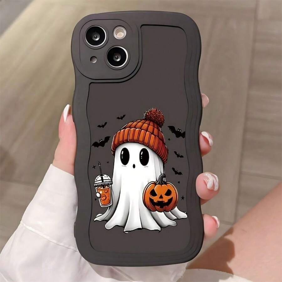 可爱活泼的连帽白色幽灵设计，捕捉万圣节精神，适合古怪俏皮的女孩，硅胶手机壳适用于 Iphone 15/15Pro/15ProMax/14/13/12/11/XsMAX 系列，手机保护膜 - 黑色 戴帽白幽靈 - 查看 1