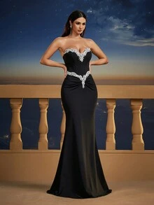 华丽露肩蕾丝边拼色紧身胸衣美人鱼正式伴娘礼服，黑色 - 黑色 - 查看 7