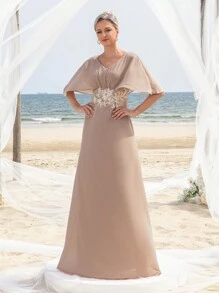 Women's Applique Detail Floor Length Chiffon Dress Elegant Mother Of The Bride Dress - Khaki - View 7