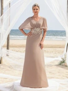 Women's Applique Detail Floor Length Chiffon Dress Elegant Mother Of The Bride Dress - Khaki - View 2